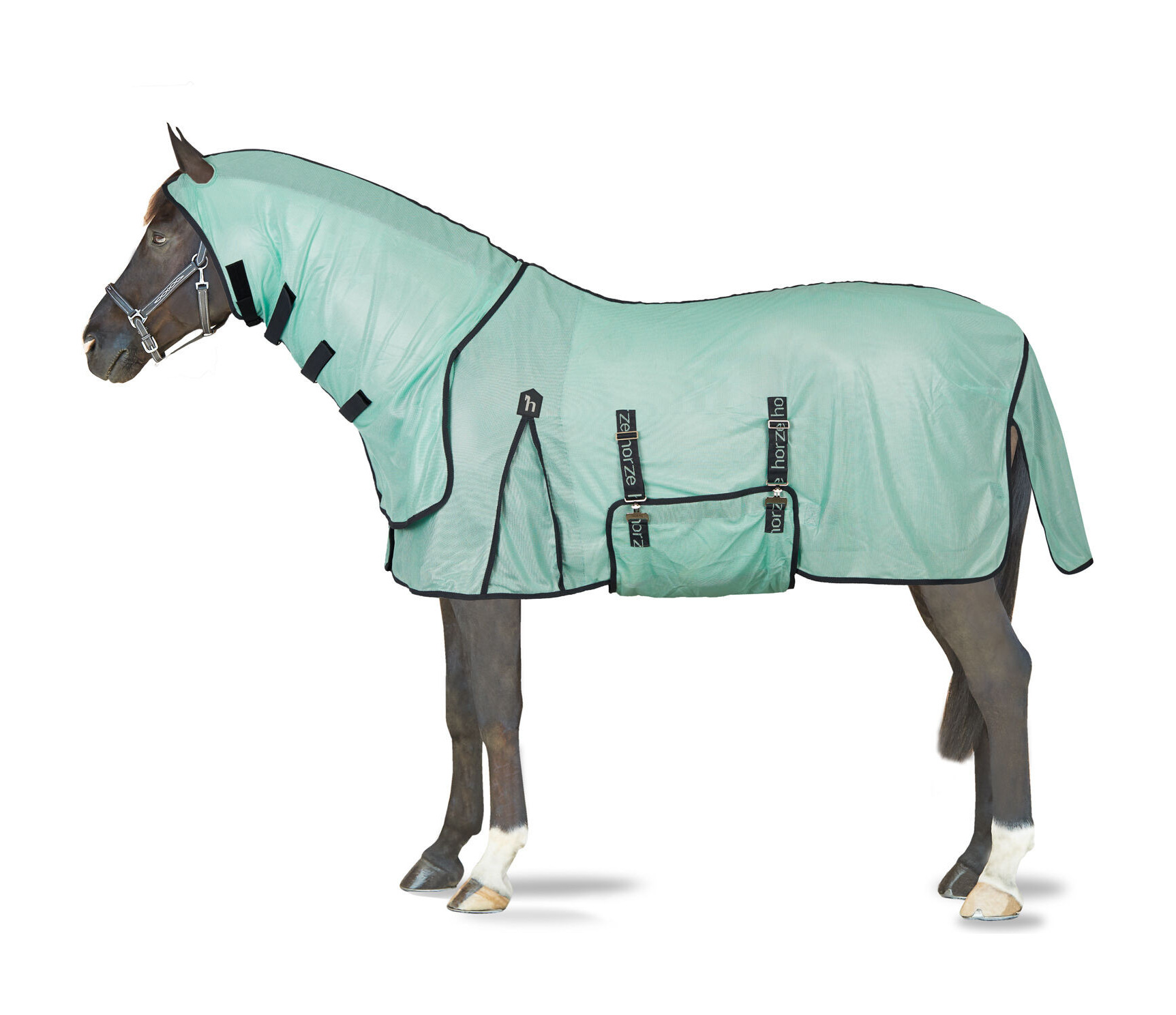 Couverture anti-mouches Horze Paso Fino avec couvre-cou et protection UV Vert ruisseau Couverture anti-mouches Horze Paso Fino avec couvre-cou et protection UV Vert ruisseau