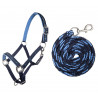 Conjunto de cabeçada e corda de condução 180 cm com mosquetão HKM Stars - Azul escuro / azul claro