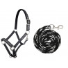 Conjunto de cabeçada e corda de condução 180 cm com mosquetão HKM Stars - Preto / prateado
