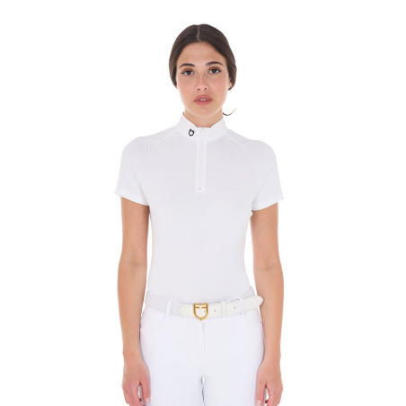 Polo de competição ajustado em stretch com zíper e mesh feminino Taline Equestro