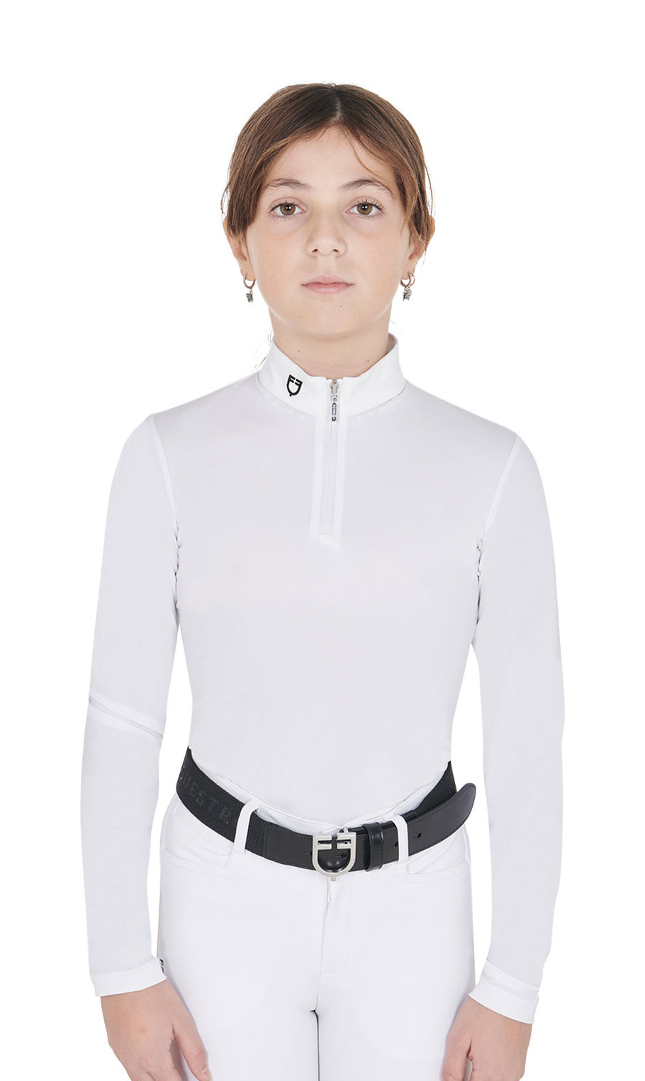 Pólo de competição feminino anti-UV ajustado de mangas compridas com fecho de correr Anahid Equestro Branco