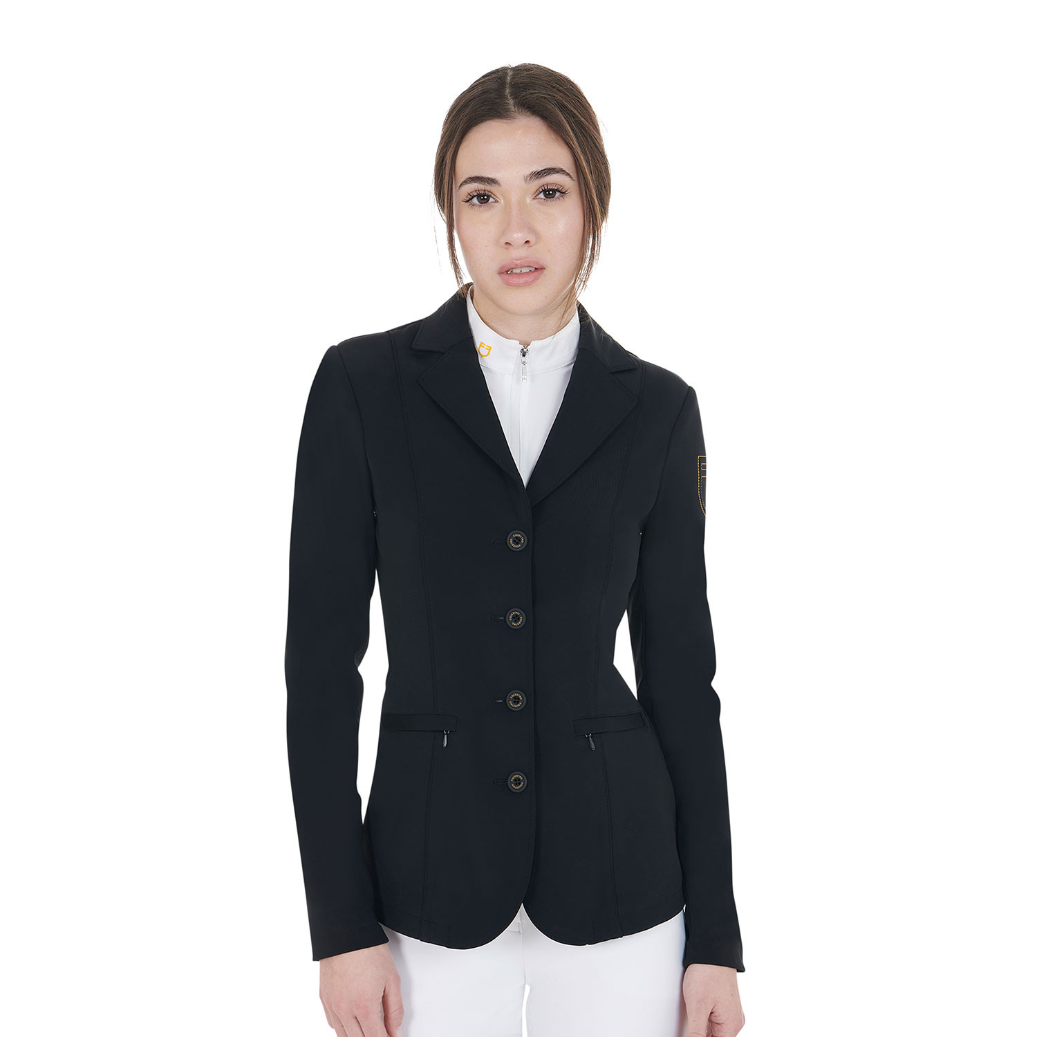 Casaco de competição feminino com logotipo bordado contrastante Equestro Preto