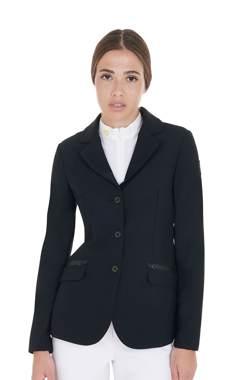 Casaco de competição feminino em tecido técnico elástico Equestro Preto