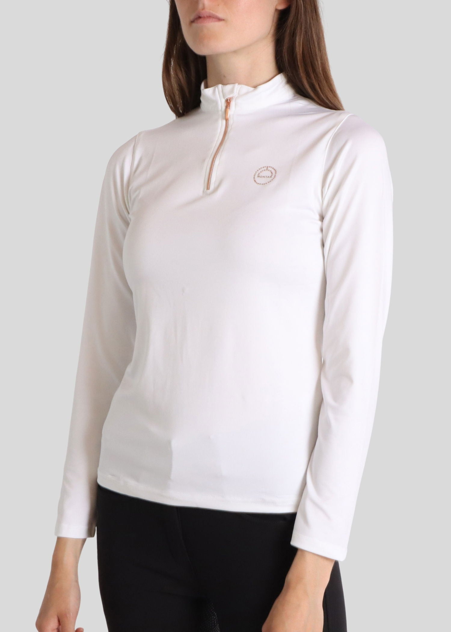 Polo de Equitação Everly Mon Tech feminino de mangas compridas rose gold Branco