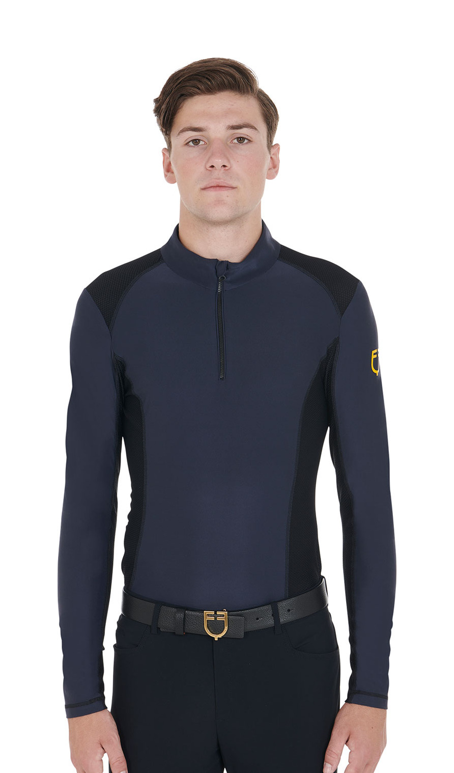 Polo de treino ajustado de mangas compridas masculino Equestro Preto Polo de treino ajustado de mangas compridas masculino Equestro Preto