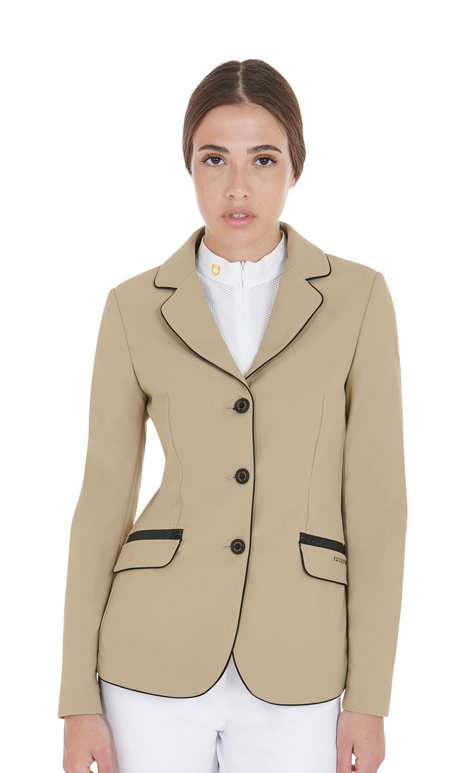 Casaco de competição feminino em tecido técnico elástico Equestro Preto