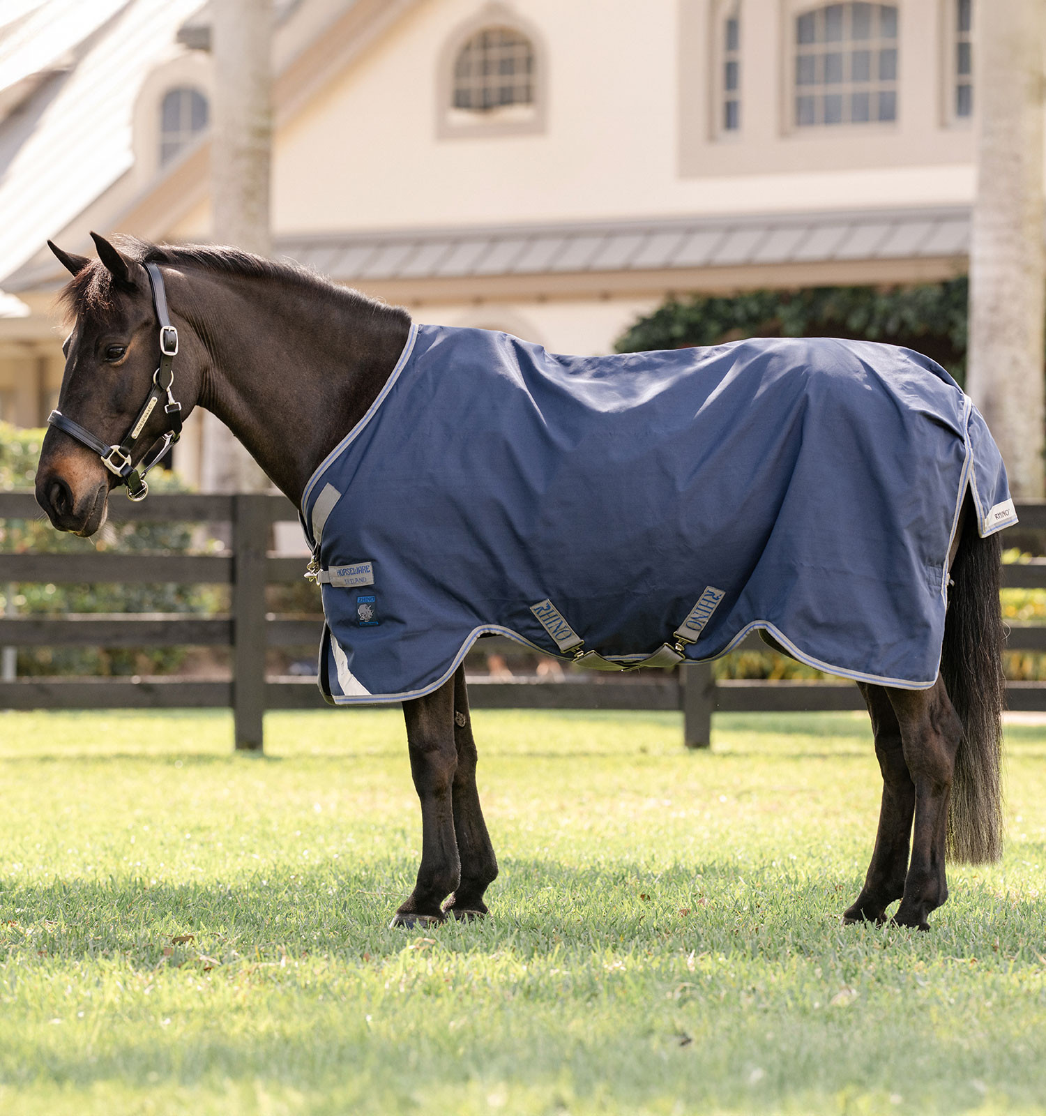 Capa Horseware Rhino Pônei Turnout 100g Preto / cinza titânio / azul clássico