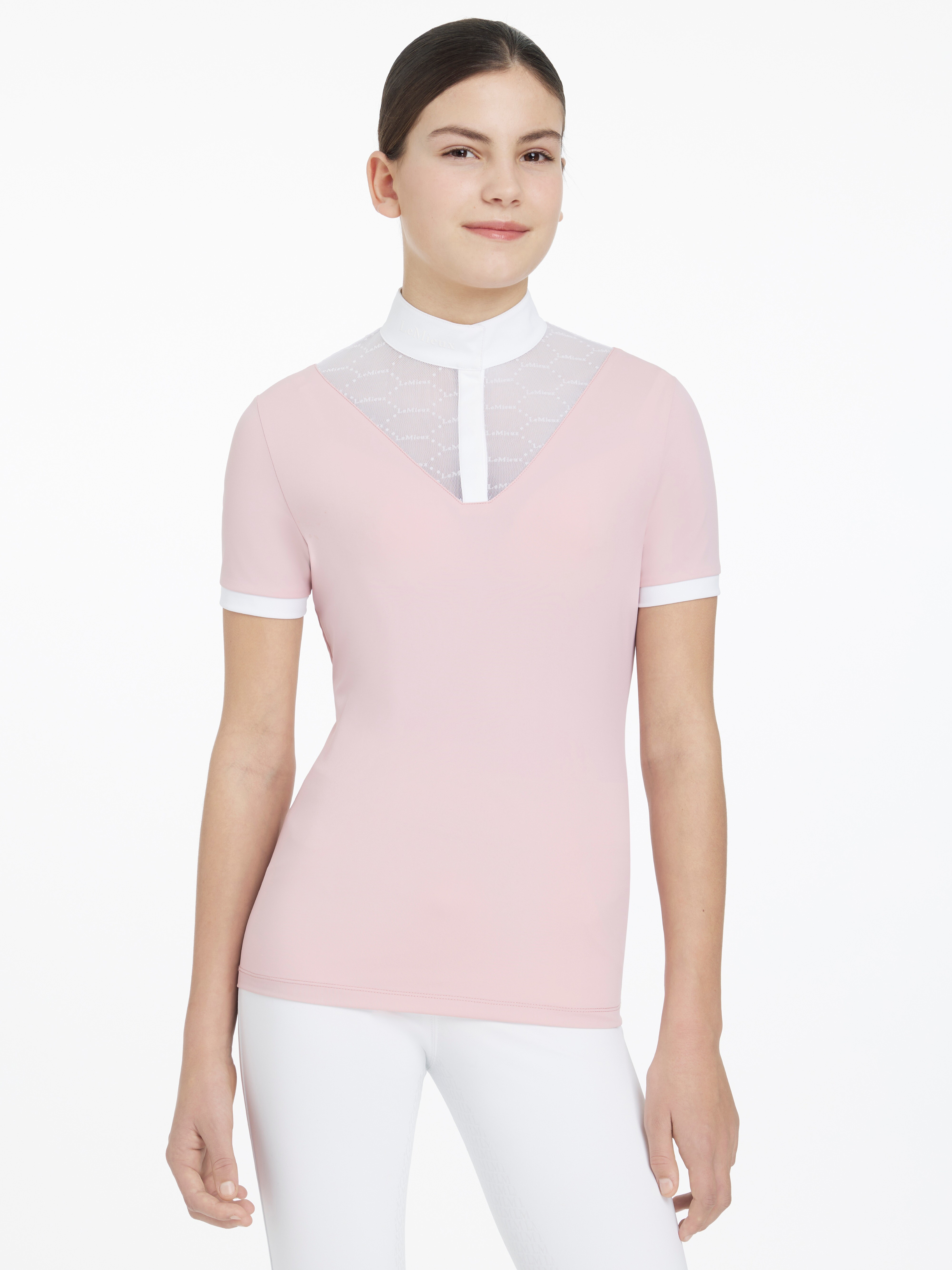 Pólo de competição Eva LeMieux Young Rider de mangas curtas Florir Rosa