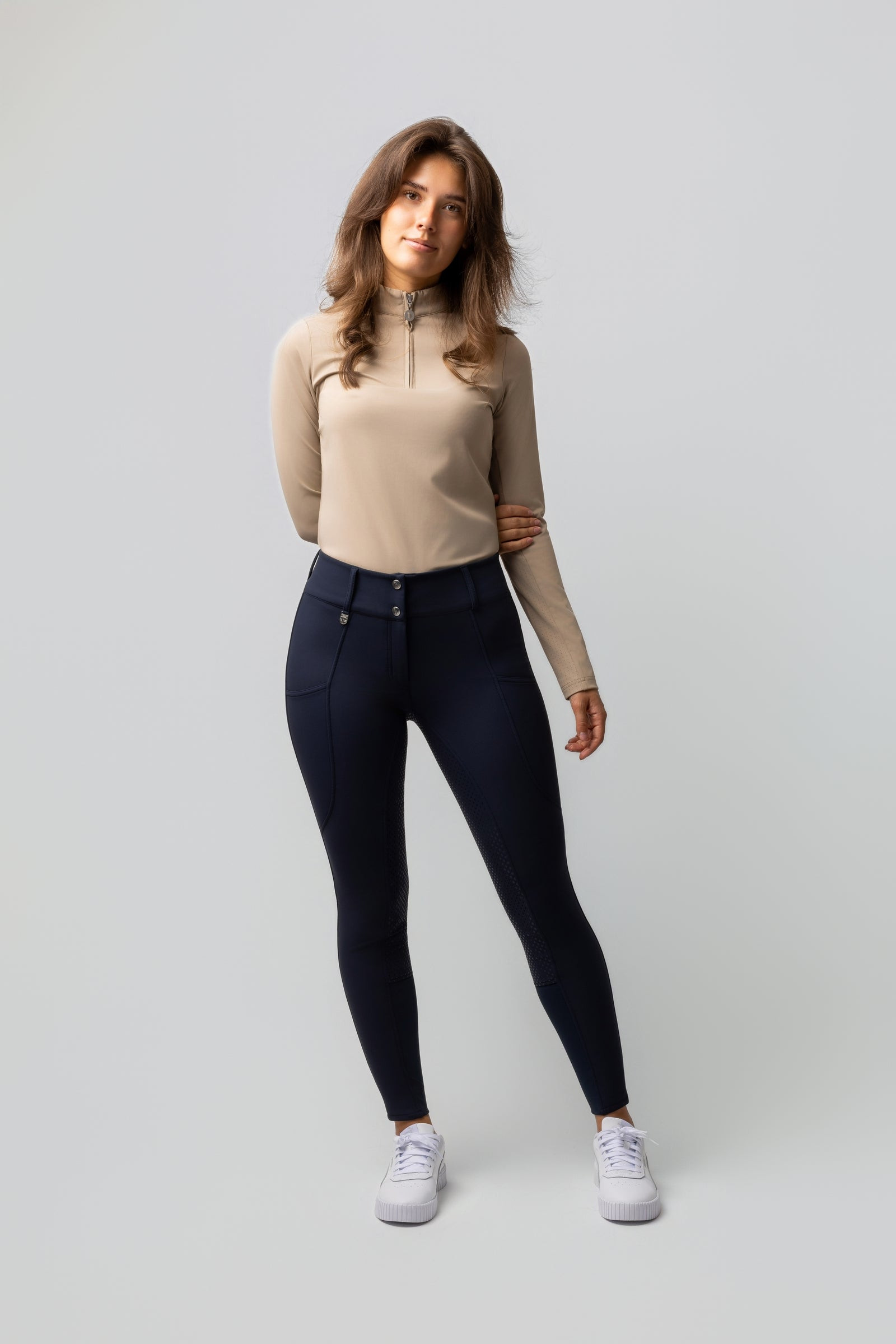 Calças de equitação térmicas Horze Grand Prix Pro aderência total feminino Mirtilo Cinzento