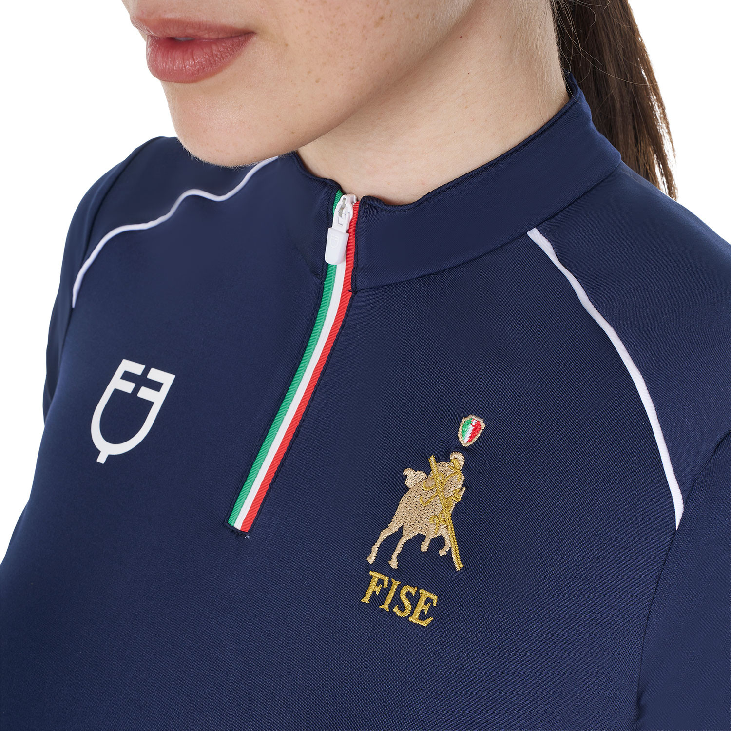 Polo de treino feminino Equestro x FISE com fecho de correr, bandeira italiana, mangas curtas Blazer marinho Azul-marinho