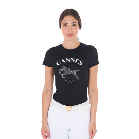 T-shirt feminino Equestro Cannes de algodão com strass de mangas curtas