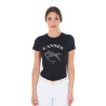 T-shirt feminino Equestro Cannes de algodão com strass de mangas curtas - Preto