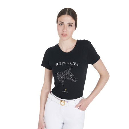 T-shirt feminino Equestro corte slim Horse Life com strass de mangas curtas