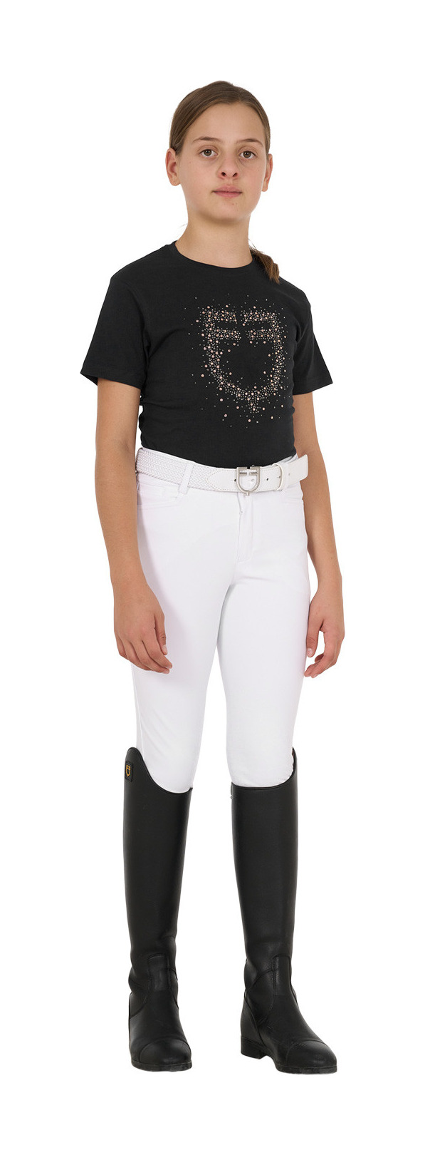 T-shirt menina Equestro corte slim com logótipo rosa com brilhantes, mangas curtas Preto