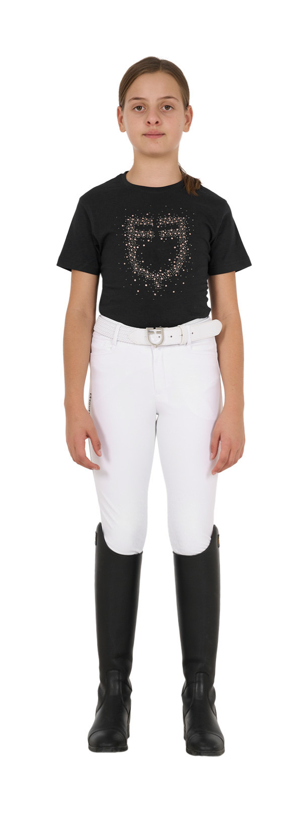 T-shirt menina Equestro corte slim com logótipo rosa com brilhantes, mangas curtas Preto