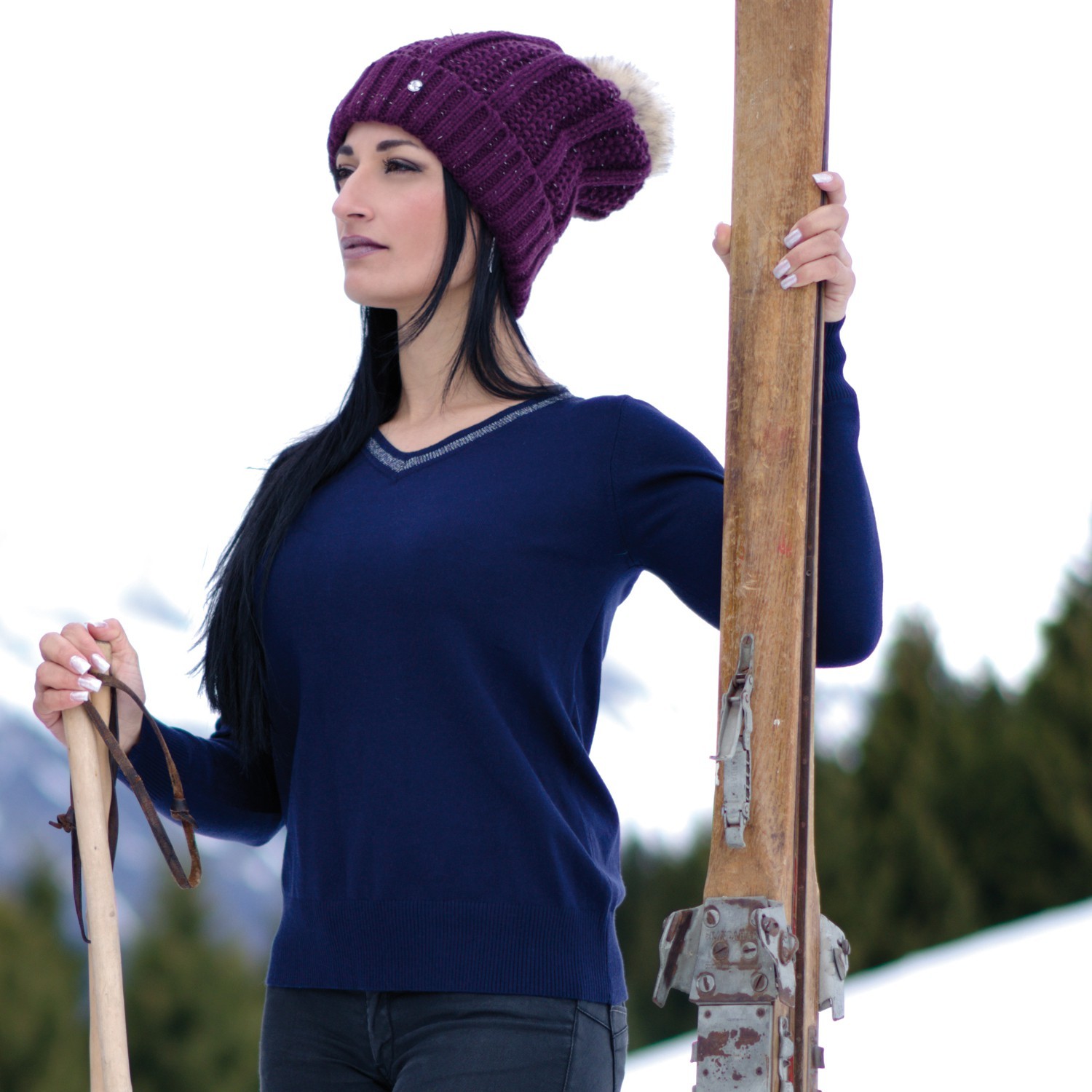 Pull col V Kimola Flags & Cup Bleu marine