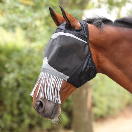 Máscara anti-moscas Shires FlyGuard Pro malha fina com passagem para as orelhas e nariz com franjas