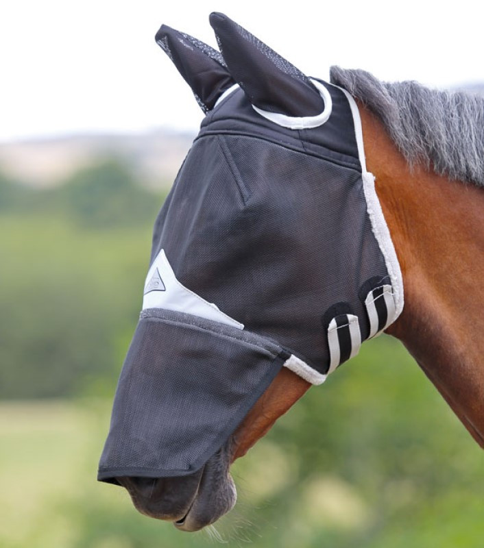Máscara anti-moscas de campo Durável Shires para nariz e orelhas FlyGuard Pro Preto