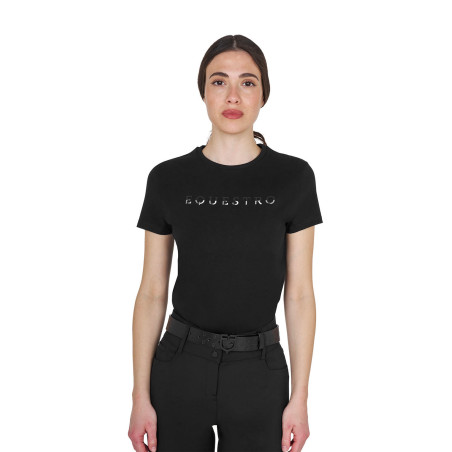 T-shirt mulher em algodão com logotipo laminado