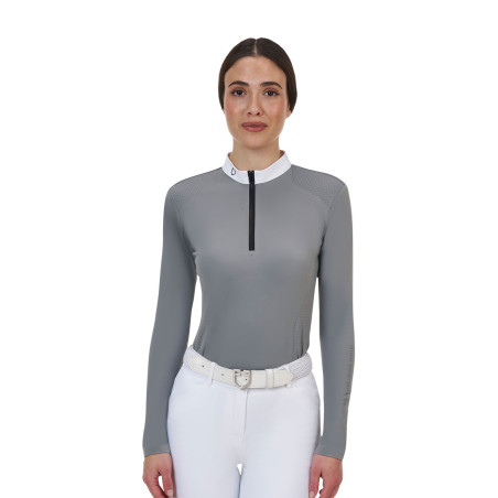 Polo de concurso feminino Equestro Ridertechnology manga comprida com zíper