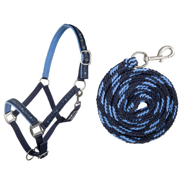 Conjunto de cabeçada e corda de condução 180cm mosquetão HKM Stars Azul escuro / azul claro