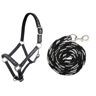 Conjunto de cabeçada e corda de condução 180cm mosquetão HKM Stars Conjunto de cabeçada e corda de condução 180cm mosquetão HKM Stars