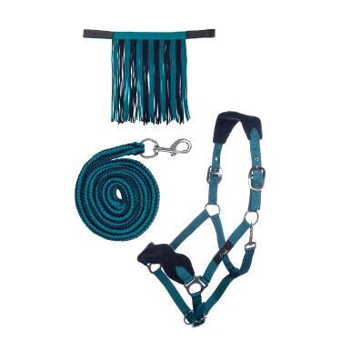 Conjunto de cabeçada HKM com mosquetão e franjas removíveis Petróleo / marinho Azul Conjunto de cabeçada HKM com mosquetão e franjas removíveis Petróleo / marinho Azul