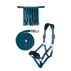 Conjunto de cabeçada HKM com mosquetão de segurança e franjas removíveis
