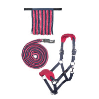 Conjunto de cabeçada HKM com mosquetão de segurança e franjas removíveis Cinzento / rosa escuro