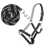 Conjunto de cabresto com mosquetão HKM Crystal acolchoado Preto / cinza Cinzento