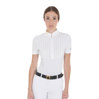 Polo ajustado em algodão plissado de manga curta feminino Equestro Branco Polo ajustado em algodão plissado de manga curta feminino Equestro Branco