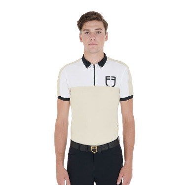 Polo de treino bicolor ajustado de manga curta com fecho éclair para homem Equestro Polo de treino bicolor ajustado de manga curta com fecho éclair para homem Equestro