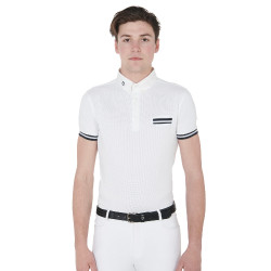 Polo de competición ajustado de manga corta para hombre con inserciones negras Garen Equestro Branco Polo de competición ajustado de manga corta para hombre con inserciones negras Garen Equestro Branco
