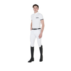Polo de competición ajustado de manga corta para hombre con inserciones negras Garen Equestro Branco Polo de competición ajustado de manga corta para hombre con inserciones negras Garen Equestro Branco