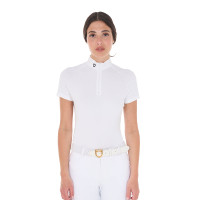 Polo de competição ajustado em stretch com zíper e mesh feminino Taline Equestro Branco Polo de competição ajustado em stretch com zíper e mesh feminino Taline Equestro Branco