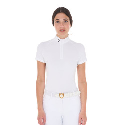 Polo de competição ajustado em stretch com zíper e mesh feminino Taline Equestro Branco