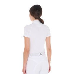 Polo de competição ajustado em stretch com zíper e mesh feminino Taline Equestro Branco