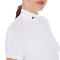 Polo de competição ajustado em stretch com zíper e mesh feminino Taline Equestro Branco