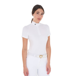 Polo de competição ajustado em stretch com zíper e mesh feminino Taline Equestro Branco