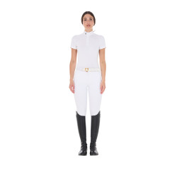 Polo de competição ajustado em stretch com zíper e mesh feminino Taline Equestro Branco