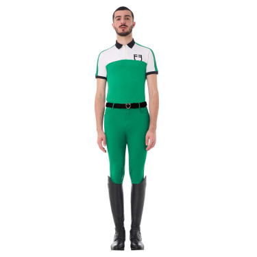 Polo de treino bicolor ajustado de manga curta com fecho éclair para homem Equestro Verde ultramar / branco Polo de treino bicolor ajustado de manga curta com fecho éclair para homem Equestro Verde ultramar / branco