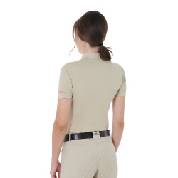Polo de treino ajustado em tecido respirável feminino Equestro Oxford castanho / vermelho papoula Bege