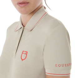 Polo de treino ajustado em tecido respirável feminino Equestro Oxford castanho / vermelho papoula Bege