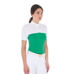 Polo ajustado em tecido técnico e mesh de manga curta feminino Equestro Verde ultramarino