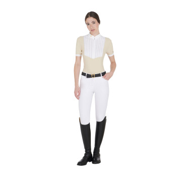 Polo ajustado em algodão plissado de manga curta feminino Equestro Polo ajustado em algodão plissado de manga curta feminino Equestro