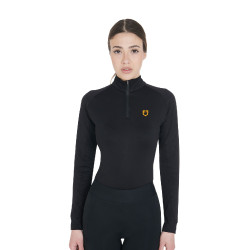 Camada base ajustada de manga comprida feminina em tecido técnico Equestro Preto / amarelo