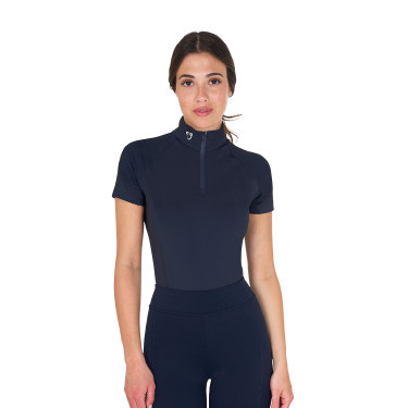 Camada base justa de manga curta feminina em tecido técnico Equestro Blazer marinho / branco Azul-marinho