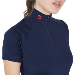 Camada base justa de manga curta feminina em tecido técnico Equestro Marinho / vermelho Azul