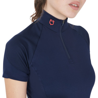 Camada base justa de manga curta feminina em tecido técnico Equestro Marinho / vermelho Azul