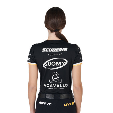 Camiseta de treino feminina GP em tecido técnico com multi-logotipo Equestro Preto